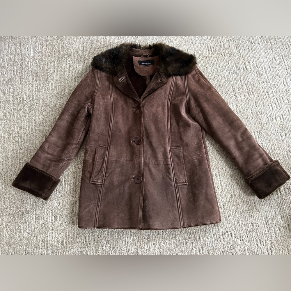 Jones New York Sport Genuine Leather faux fur Jacket 25611 Size Medium Brown